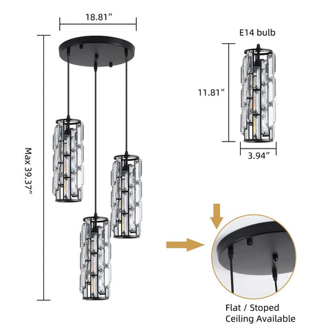 Three Light Black Crystal Pendant Lighting Fixture For Kitchen Island And Dining Room Modern Industrial Chandelier dimensions