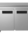 Built Tough 48 Inch Stainless Steel Commercial Worktop Freezer With Dual Doors And Sturdy Backsplash, front view with handles.