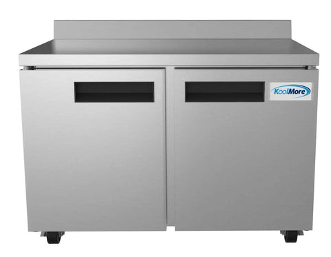 Built Tough 48 Inch Stainless Steel Commercial Worktop Freezer With Dual Doors And Sturdy Backsplash, front view with handles.