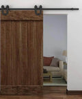 Stainless Steel 6 Foot Barn Door Track Hardware Kit for Sliding Closet Doors, wall-mounted rail system installed over wooden door.