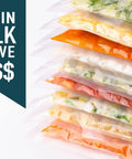 Stack of vacuum-sealed food packs showcasing Chamber Vacuum Sealer CM255 For Home And Commercial Kitchens, with bulk buy save sign.