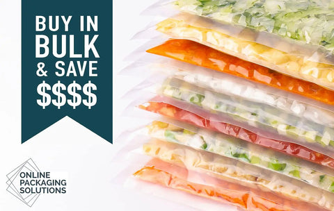 Stack of vacuum-sealed food packs showcasing Chamber Vacuum Sealer CM255 For Home And Commercial Kitchens, with bulk buy save sign.