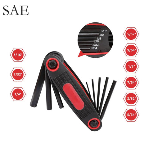 Your Go To Folding Hex Key Set 25 Piece Wrench Kit in SAE sizes with black handles and red accents on a white background