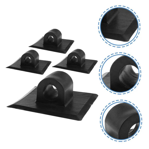 Four piece durable kayak motor mount bracket clips in black PVC for harsh conditions, shown at multiple angles with close-ups.