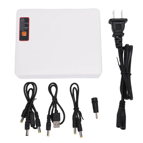 Plug And Play Mini Ups Battery Backup With 16000Mah to Keep Your WiFi Hot During Blackouts, power supply and cables.