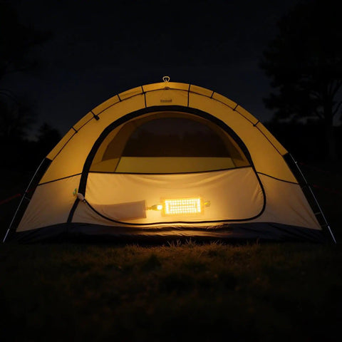 A glowing yellow camping tent illuminated from inside at night, set up on a grassy field under a dark sky.