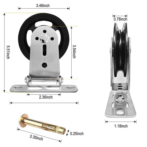 Wall Mounted Cable Pulley System With 180 Degree Rotation, stainless steel and nylon wheel, side and front view, measurements included
