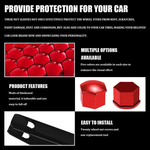 Red 17mm Lug Nut Covers 20 Piece Set With Removal Tool Anti Rust Hex Nut Caps For Most Vehicles Exterior Car Hub Bolts Protection And Scratch Coverage Rugged Look product features