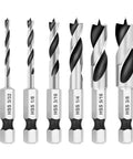 Heavy Duty Brad Point Stubby Drill Bit Set For Woodworking With 6 Pack Hss 4241 Steel Quick Change Hex Shank Boring Tools displayed.