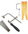 3 In 1 Pro Grade Jeweler's Saw Set with frame, 144 silver blades, and wooden pin clamp for wood and metal, black handle.