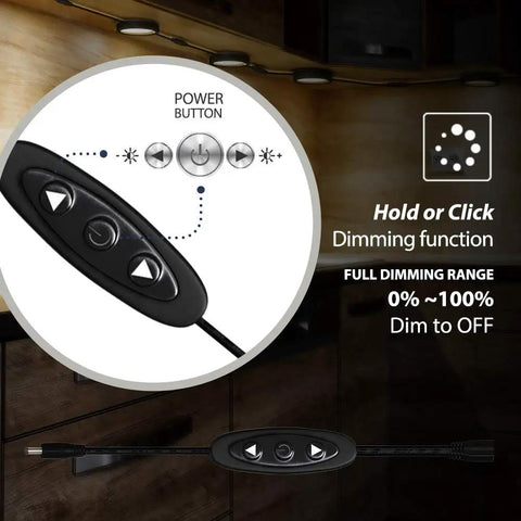 Under Cabinet LED Puck Lights With Dimmer Switch, Dimmable Setup, 12-Pack Black Round Under Counter Lighting, dimming function detail