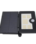 GOWENIC Solar Powered Floodlight, 4 Lighting Modes, Foldable 180 Degree, view of solar panel and LED light with motion sensor.