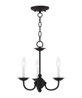 Three Light Black Mini Chandelier With Transitional Steel Design, 14x14 Inch Ceiling Fixture for Modern Home Decor, lit view