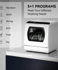 Slick Portable Countertop Dishwasher For Apartments And Rvs Sporting Five Tough Wash Cycles Rapid Air Dry Built In Water Tank shown with menu options.