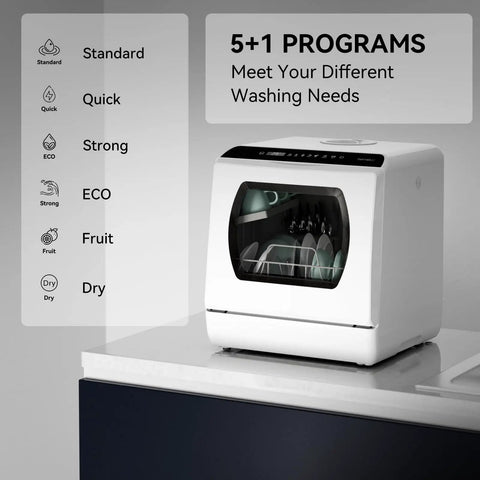 Slick Portable Countertop Dishwasher For Apartments And Rvs Sporting Five Tough Wash Cycles Rapid Air Dry Built In Water Tank shown with menu options.