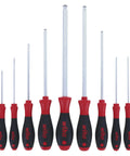 Nine Piece Metric MagicRing Ball End Hex Driver Set With Cushioned Ergonomic Grips arranged vertically on display