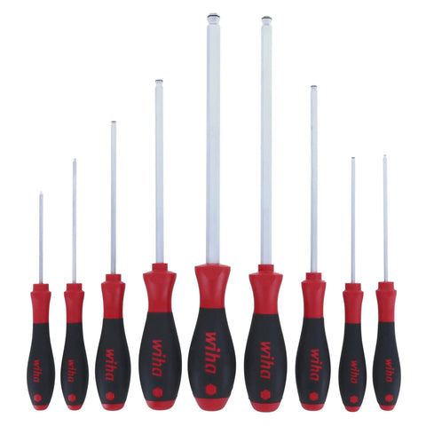 Nine Piece Metric MagicRing Ball End Hex Driver Set With Cushioned Ergonomic Grips arranged vertically on display