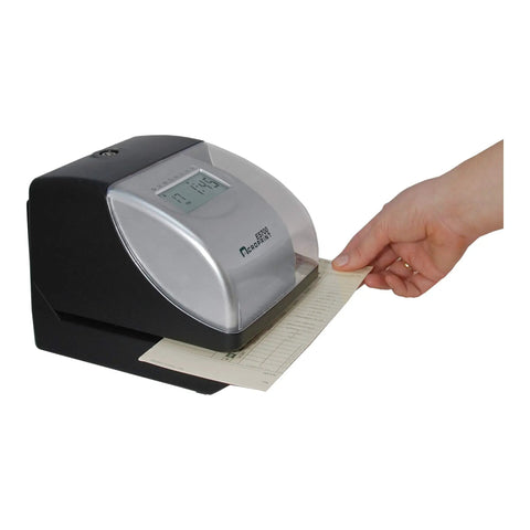 Electronic Time Clock Machine With Automatic Daylight Savings And Battery Backup, Hassle-Free Employee Punch Tracker For Small Business in use.