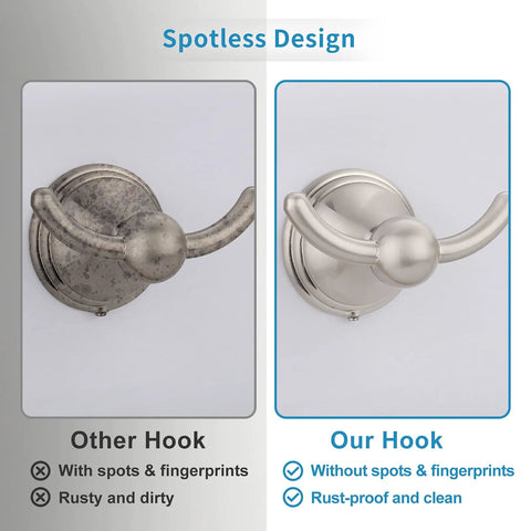 Comparison of brushed nickel wall mount towel hooks set with traditional robe and towel hooks, clean and spotless vs dirty.