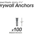 Light Duty Drywall Anchors Kit for Hollow Walls with Ribbed Plastic Anchors for Secure Picture Frames Artwork and Light Duty Mounts Simple Install Prevents Screw Pullout Great for Home Decor Qualihome, image showing ribbed plastic anchors and measurements