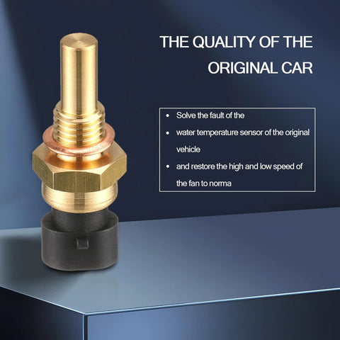 Flygun car engine water temperature sensor front view, brass gold body with black connector, Delphi-compatible
