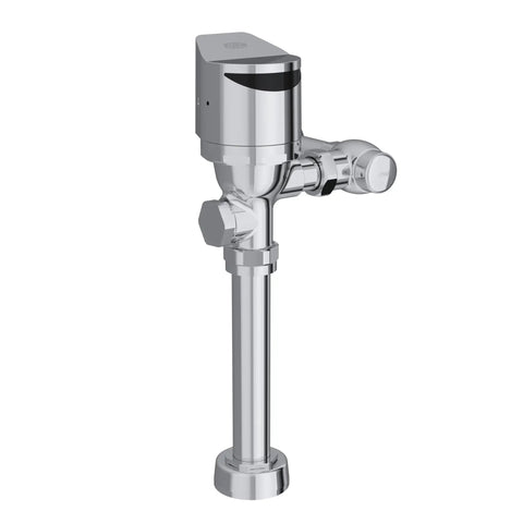 Exposed Sensor Flush Valve For Toilet EZ Gear Driven 1.6 GPF Diaphragm Valve Water Closet Flush System AquaSense Series IP65 Protected Electronics Clog Resistant Built To Last Over 500000 Cycles No Fuss Low Maintenance chrome flush valve on white background