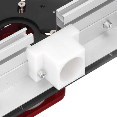 Close-up of Heavy Duty Manual Router Lift with 51 Mm Stroke showing steel alignment and mounting details for woodworking.