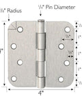 Four Inch Satin Nickel Interior Door Hinges Two Pack Rock Solid Steel Build showing dimensions and design with removable pins.