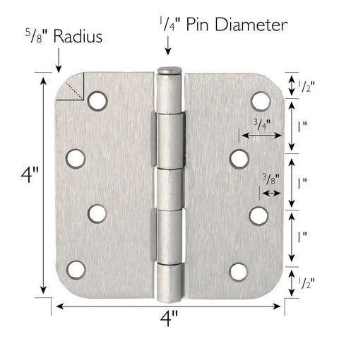 Four Inch Satin Nickel Interior Door Hinges Two Pack Rock Solid Steel Build showing dimensions and design with removable pins.