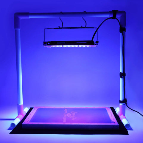 Two Pack 50W LED UV Exposure Light For Screen Printing And Cyanotypes With Stands And Cable Ties And Hooks, setup with UV light on screen