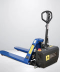 Heavy Duty Semi Electric High Lift Scissor Pallet Jack 3300 Lbs Capacity powered pallet truck with blue forks and black motor.