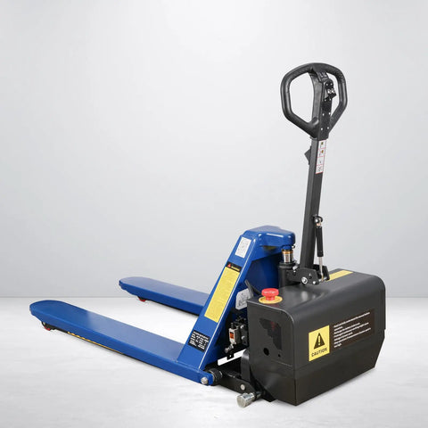 Heavy Duty Semi Electric High Lift Scissor Pallet Jack 3300 Lbs Capacity powered pallet truck with blue forks and black motor.