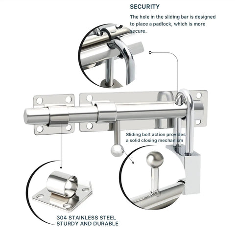 Premium Heavy Duty Stainless Steel Gate Latch Lock With Spring Bolt And Brushed Nickel Finish For Wooden Garden Fences, showing close-up lock mechanism.