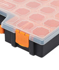 Close-up of the locking lid on a black and orange 19 Removable Compartments Small Parts Organizer Box With Customizable Storage