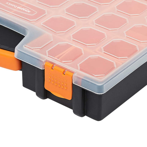 Close-up of the locking lid on a black and orange 19 Removable Compartments Small Parts Organizer Box With Customizable Storage