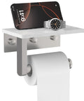 Rock Solid Brushed Nickel Toilet Paper Holder With Real Marble Shelf Wall Mount Tissue Dispenser bathroom upgrade with phone.