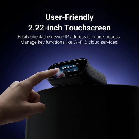 Comet Pro Remote KVM Over WiFi Dual Band WiFi 6 Desktop KVM touchscreen with finger showing 2.22-inch display functionality