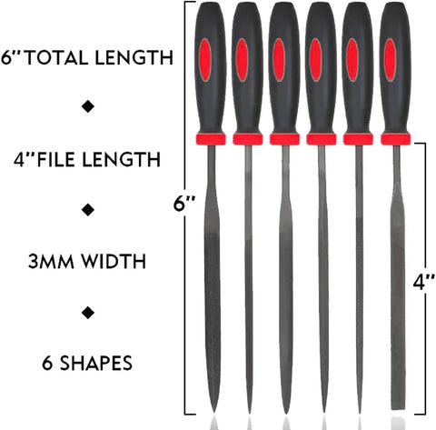 Handy Deburring Tool Kit With 6 Pcs Needle Files shown with black handles, 6-inch total length, 4-inch file length for deburring.