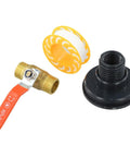 Rock Solid One Half Inch Brass Ball Valve With Bsp Male Threads For Water Line Connections Built Tough For Long Haul Performance And Super Easy Diy Installation components including valve, yellow tape, and fitting.