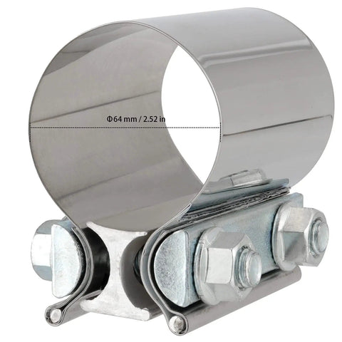 Close-up of Four Pack 2.5 Inch Stainless Steel Butt Joint Exhaust Clamp Band Sleeve Built Tough Premium Durable Auto Exhaust Clamp