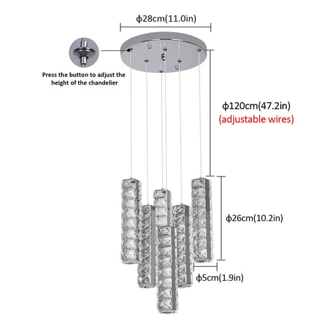 Dimmable Modern LED Crystal Pendant Lights Fixture for Kitchen Island with adjustable crystal rods and flush ceiling mount.