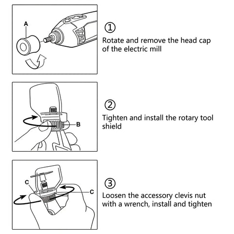 Installation steps for 2 Pack Transparent Rotating Tool Guard Safety Dust Cover Set For Metal Cutting, Wood Sanding, And Polishing Debris Splash Shield Compatible With Angle Grinders And Engraving Machines