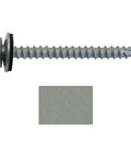 Close-up of 14 By Two And A Half Inch No Paint Metal Roofing Screw with Hex Washer Head and EPDM Washer, galvanized finish, side view.