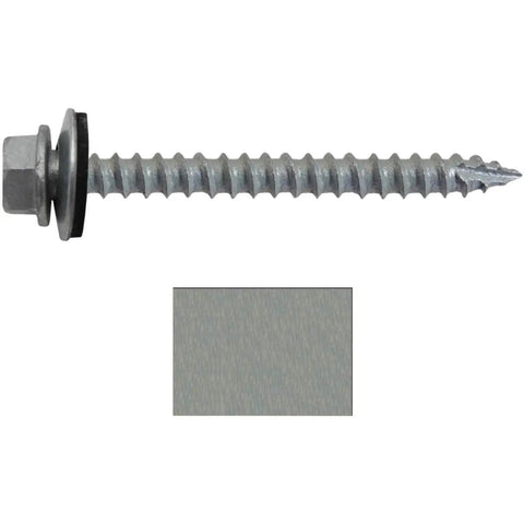 Close-up of 14 By Two And A Half Inch No Paint Metal Roofing Screw with Hex Washer Head and EPDM Washer, galvanized finish, side view.