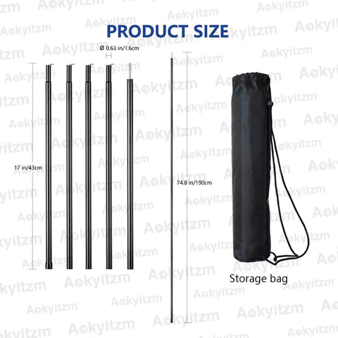 Adjustable Portable Tent Poles 74.8 Inches Beefy Rustproof Thickened Iron Stakes with Storage Bag