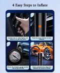 4 step guide for using the Top Notch Portable Tire Inflator With Quick Read Digital Gauge And Compact 12V Auto Pump.