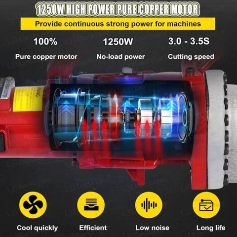 Interior view of 1250W Portable Electric Hydraulic Rebar Bender And Cutter Machine with pure copper motor and cutting speed details.