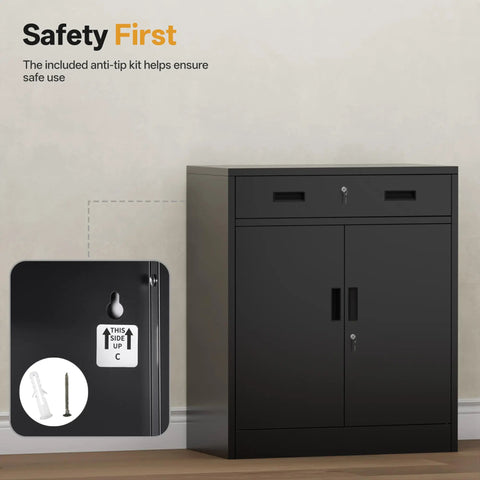 Heavy Duty 36 Inch Locking Metal Storage Cabinet With One Drawer And Adjustable Shelves For Home Garage Office School And Warehouse Durable Steel Scratch Resistant And Easy To Clean, safety kit installed