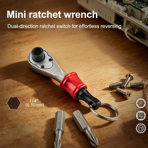 Grab And Go Portable Quarter Inch Hex End Mini Ratchet Wrench Set with Quick Release Magnetic Bit Driver shown on a wooden surface