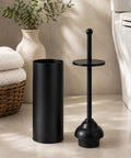 Heavy Duty Toilet Plunger With Sleek Floor Holder, matte black, sturdy grip, designed to clear drain clogs, compact and stylish.
